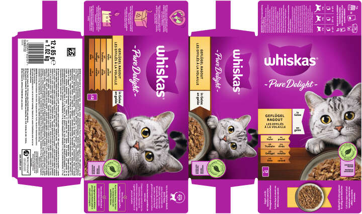 whiskas Katzen-Nassfutter PURE DELIGHT Portionsbeutel Multipack Geflügel Ragout in Gelee 12 x 85g